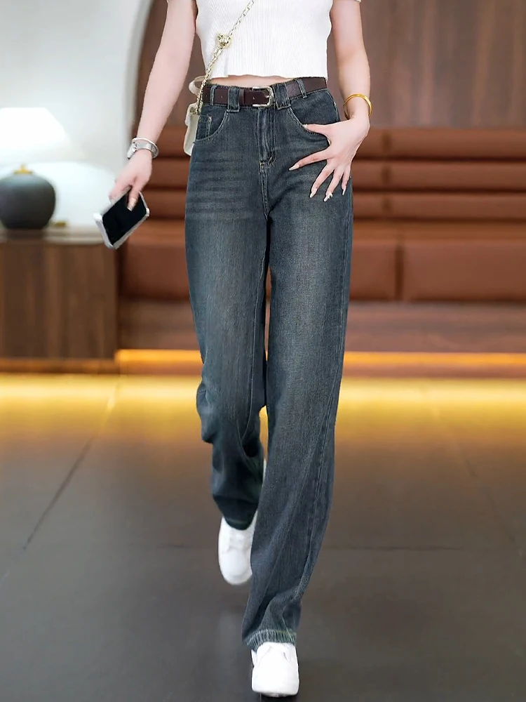 

High Waist Straight Leg Jeans Women's Casual Loose Wide Leg Pants Cement Grey Spring Autumn New Style Elegant