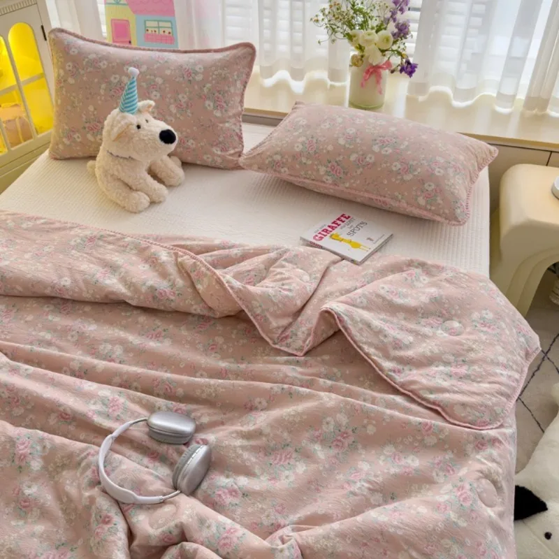 Double-Layer Yarn Antibacterial Summer Quilt Korean Style Pink Floral Air Conditioner Quilt