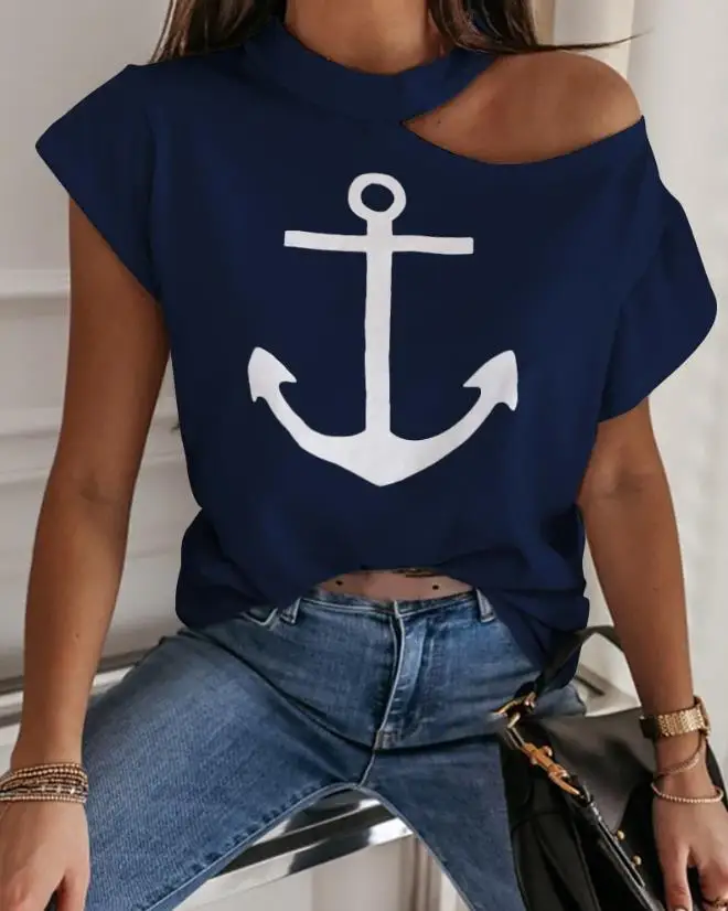 New Fashion 2023 Casual Summer Short Sleeve Boat Anchor Print Cold Shoulder Casual T-Shirt Pullover Tops