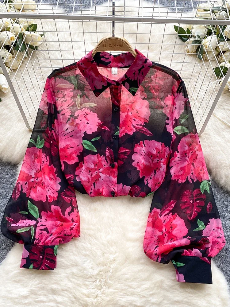 Women Spring Shirt Korean Version Temperament High-end Floral Shirt with Bubble Sleeve Design Niche and Unique Top D5053