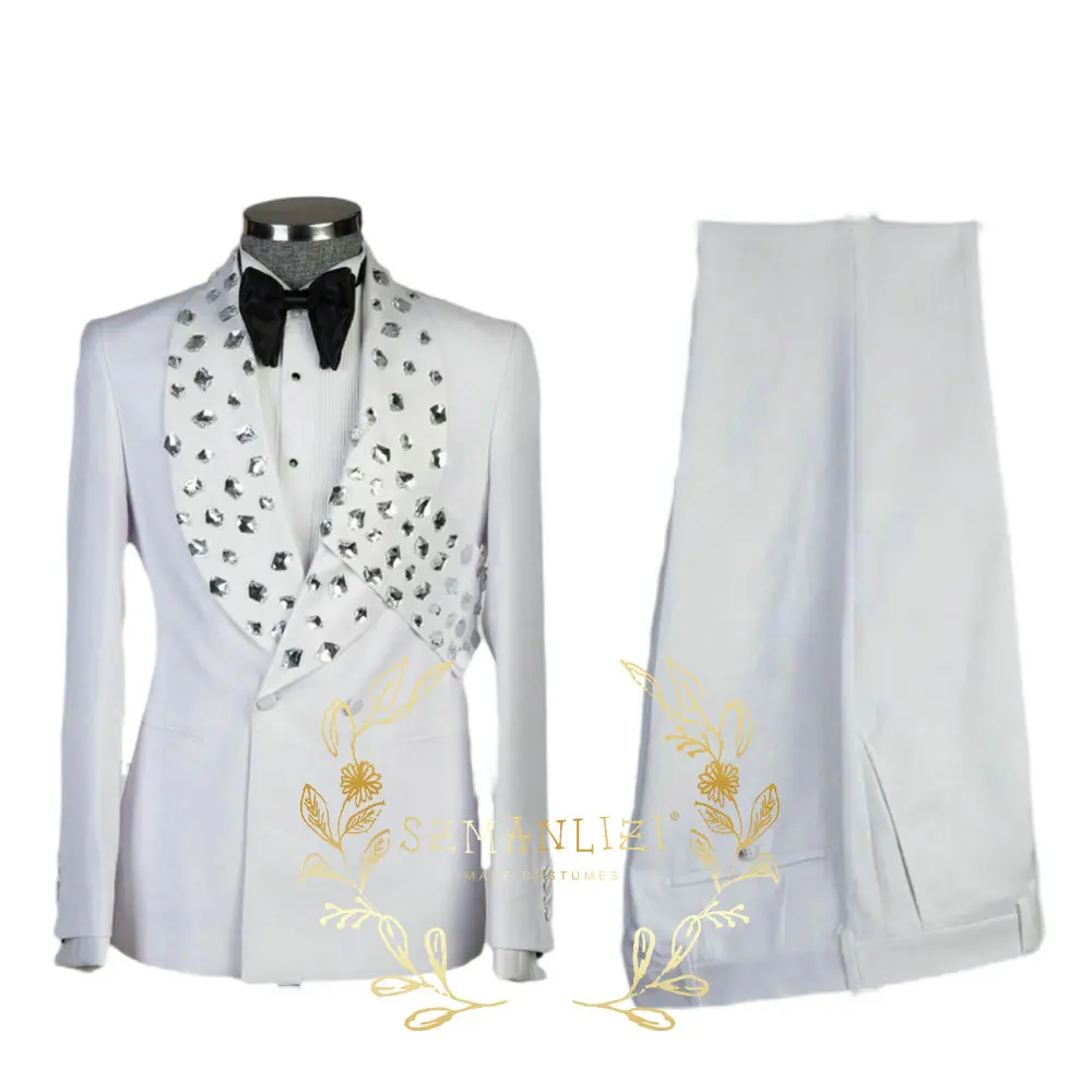 

White Men Suits Crystal Groom Wedding Tuxedos Peaked Lapel 2 Pieces Sets Male Prom Dress Double Breasted Groom Blazers Sets