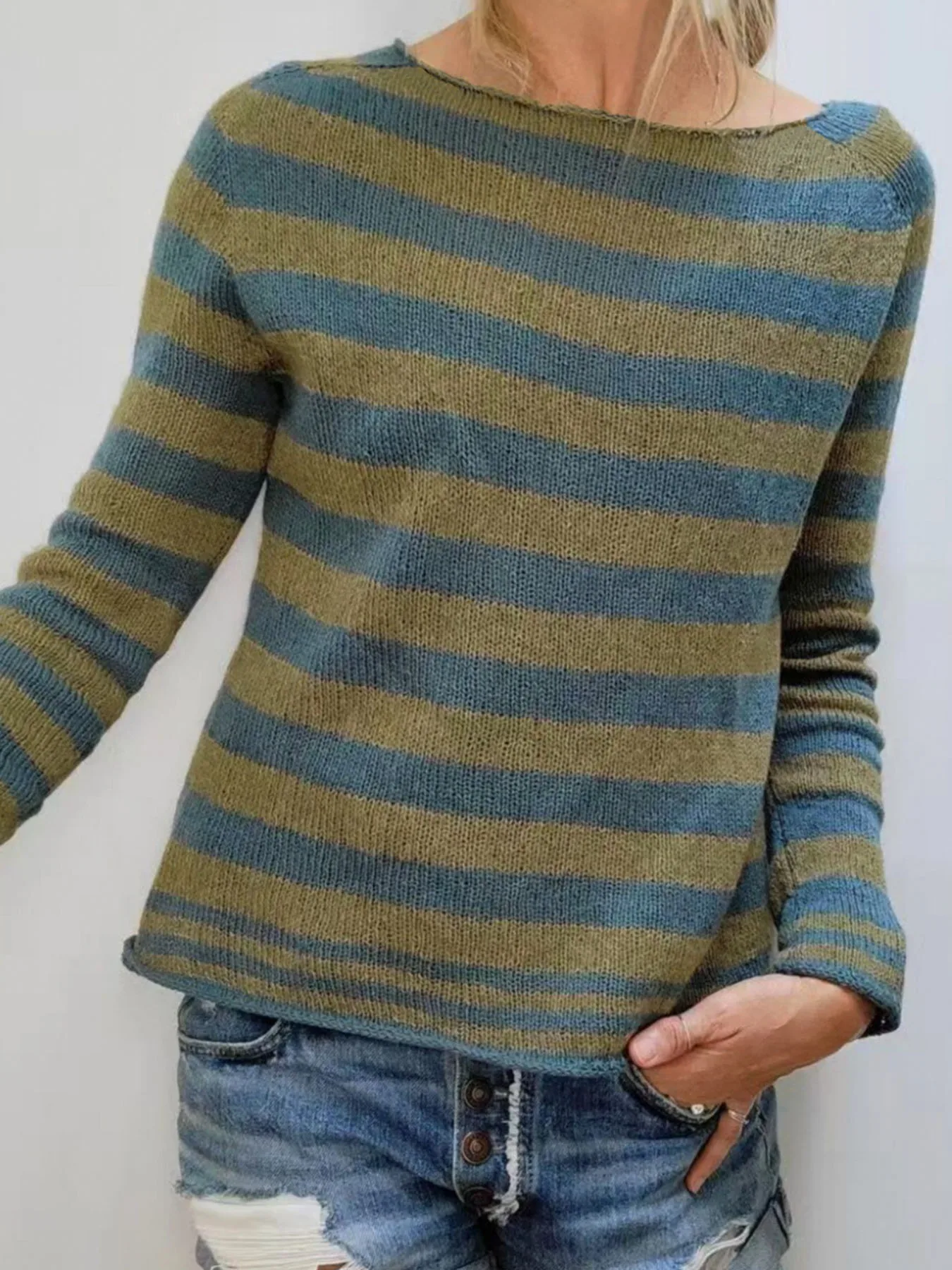 

Women's Clothing - New in Spring and Autumn Fashion Casual Stripe Contrast Set Head Commuter Long Sleeve Knitted Top Date Gift