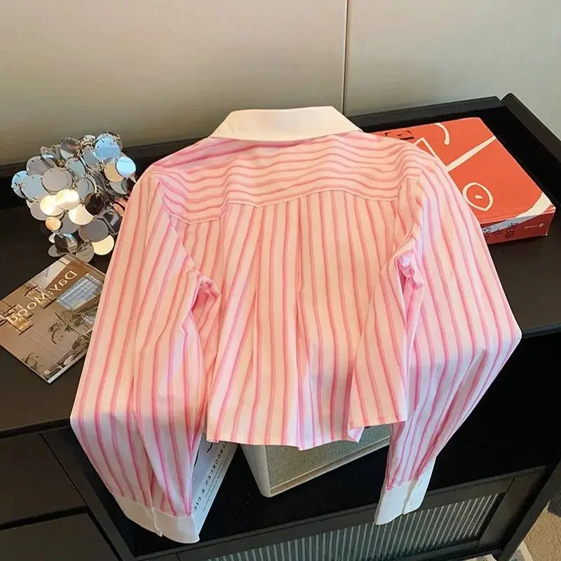 Pink Striped Polo Neck Blouse Spring Long Sleeve Contrast Loose Button Temperament Short Shirt Tops Korean Fashion Women Clothes