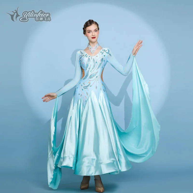 New Style Women Adult Long Dance Wear Blue Trim Fit V-Neck Costumes custom Ballroom Dancing Dress