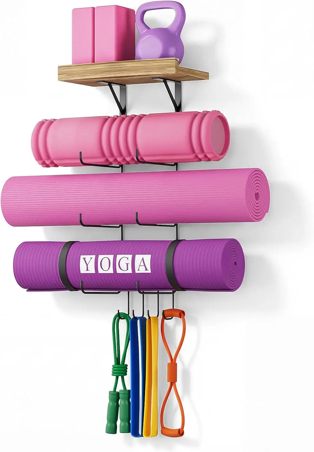 

Wall Mount Yoga Mat Holder with Wood Shelves and 4 Hooks for Home Gym Storage in Carbonized Black