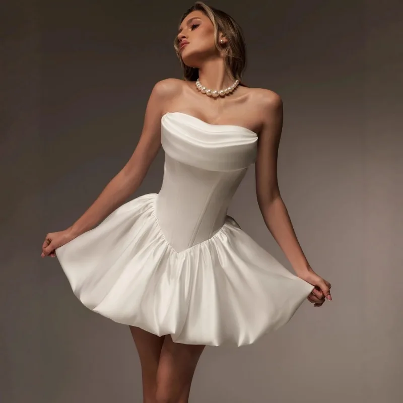 

Европейское и американское короткое свадебное платье без бретелек, для свадебных фотосессий, для улицы, с фатой, цвета слоновой кости, элегантное платье