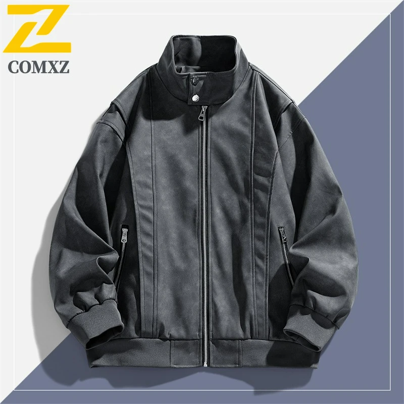 COMXZ Autumn Mens Leather Jacket Premium Camping Scratch Resistant Leather Coats Vintage Streetwear Motorcycle Leather Jackets