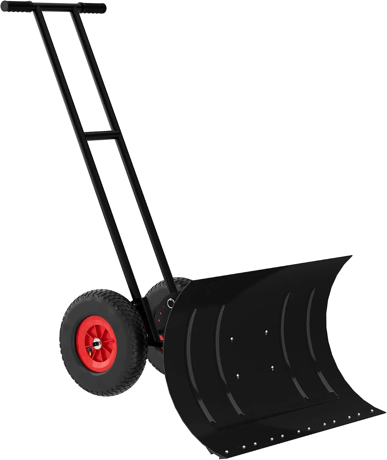 Home Metal Snow Pusher with Wheels Adjustable Angle & Height Handle Ergonomic Double-Rod Design for Effortless Driveway & Sidewalk Clearing