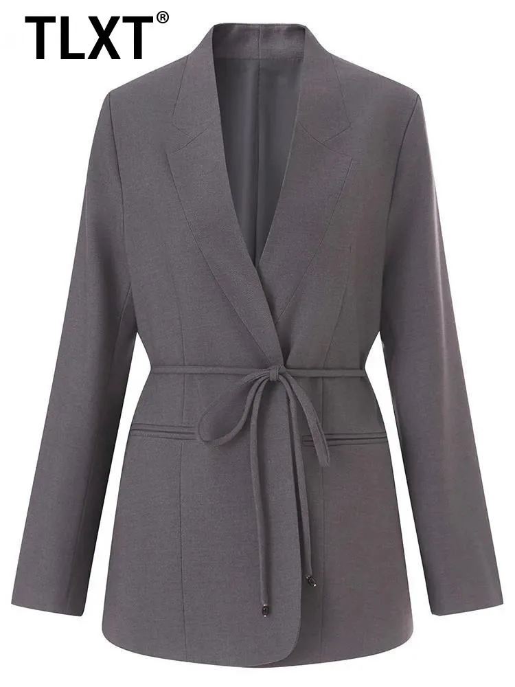 

TLXT модный женский пиджак с v-образным вырезом и завязкой на талии, повседневный пиджак с длинными рукавами, легкая офисная верхняя одежда, новинка 2025, XK1588