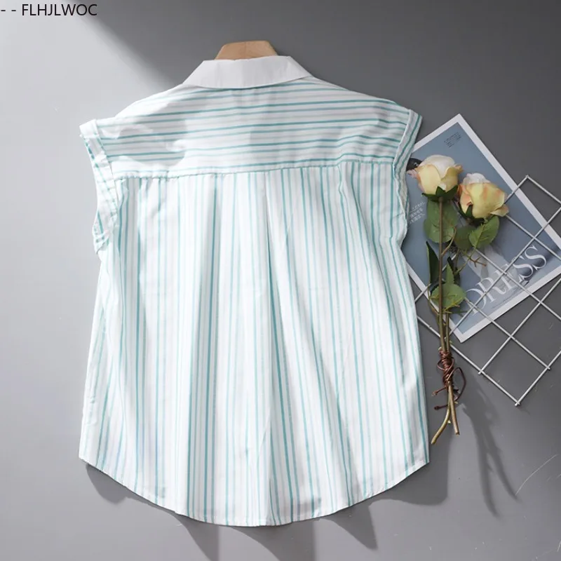 Mince aéré coton lin ample décontracté hauts Blouses nouvelle mode femmes été vert rayé chemises Y2K rétro Vntage mignon Blouse