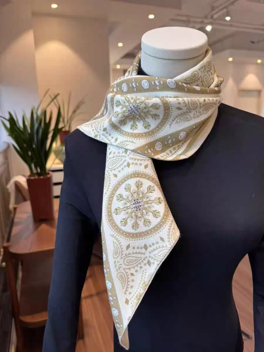 二重層両面カラーブロック桑絹ウールスカーフロング長方形女性用40x22cm韓国スタイル多機能スカーフ