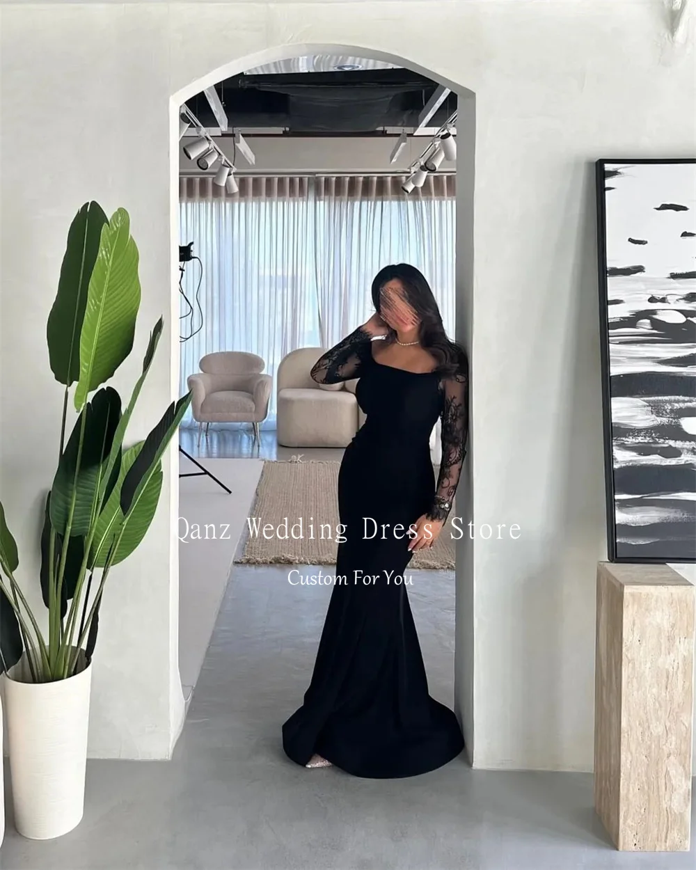 Qanz Saudi Arabia Evening Dresses Mermaid Long Sleeves Lace Black Vestidos De Fiestas Mujer Vintage Satin Party Gowns Customized