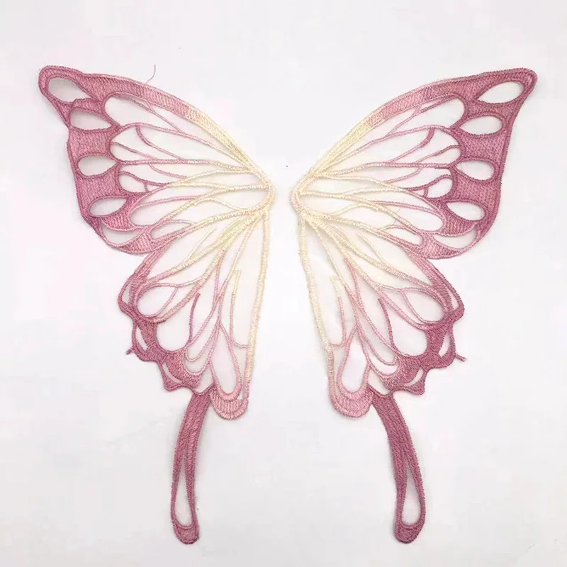 1pair Gradient Embroidery Butterfly Lace Collar Diy Embroidered Appliques Butterfly Wing Sew On Patches For Dress Craft Decor