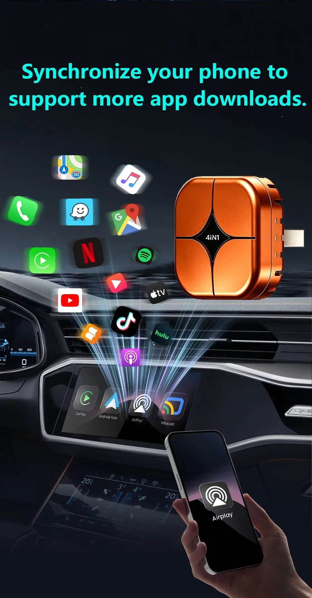 Upgrade 4-in-1 Carplay Smart Dongle Kabelloses Android Auto Mirror Link USB Plug-and-Play Automatische Verbindung WLAN für Apple und Android – Detail 10