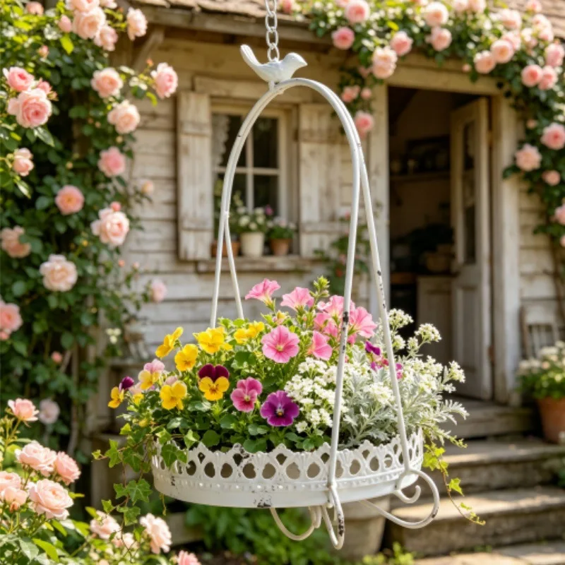 Retro Iron Chain Bird Lace Edge Hanging Basket Villa Courtyard Homestay Balcony Hanging Flower Basket Plant Holder Flowerpot