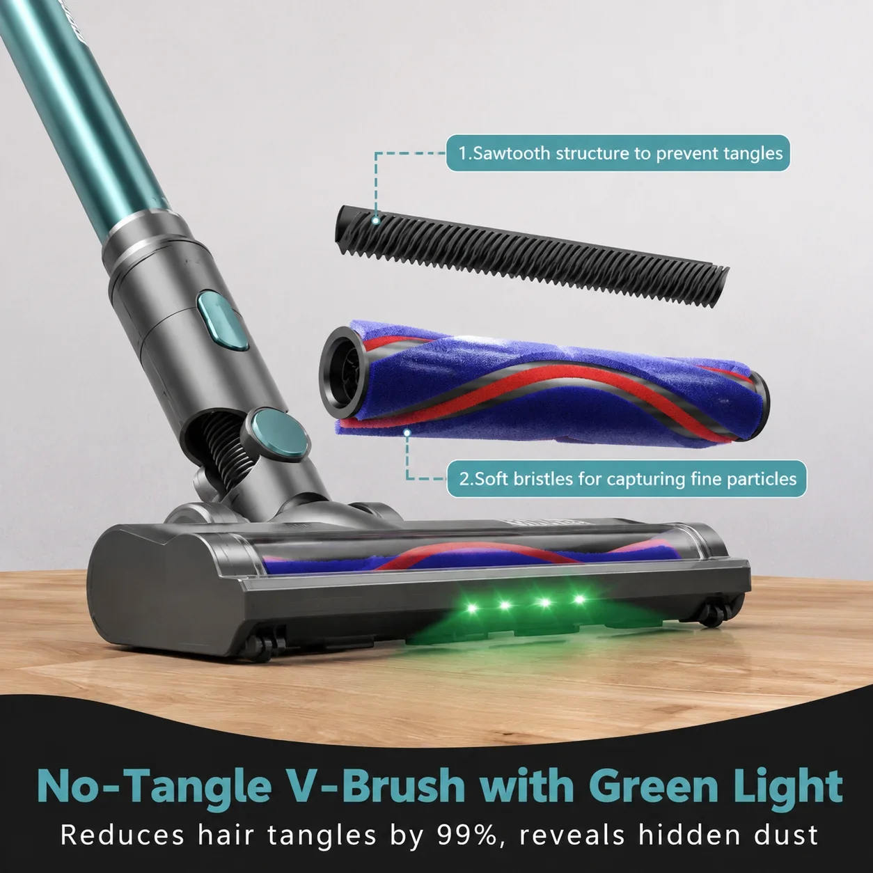 Cordless Vacuum Cleaner, 70KPa Stick Vacuum with Dual Dust Cup 400W Rechargeable Cordless Stick Vacuum for Pet Hair, Carpet and Hard Floors, 55-Min Runtime, Anti-Tangle Brush, LED Lights
