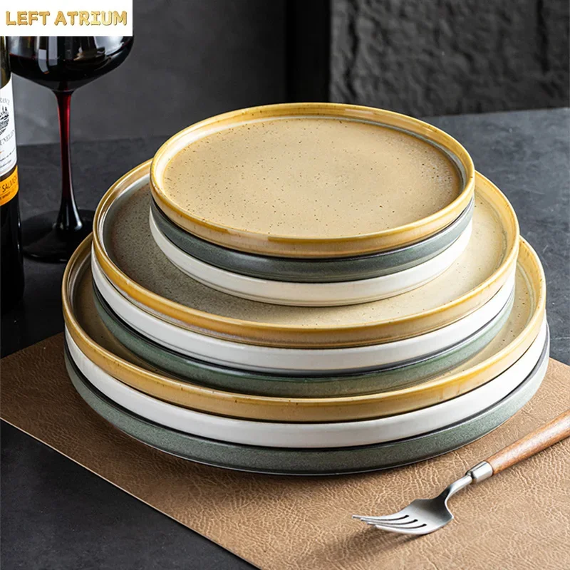 Kiln Changes Ceramic Steak Plate Vintage Round Cake Plate Dessert Pasta Plate Salad Plates Serving Plates Restaurant Tableware 5