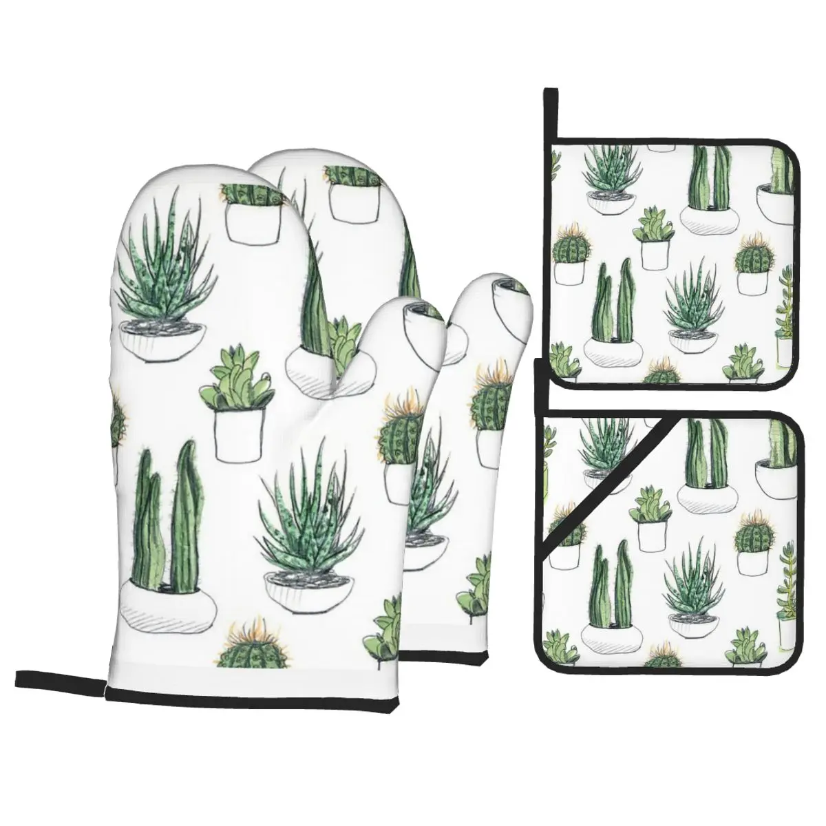 

Watercolour Cacti & Succulents Insulation Four-Piece Set Gloves and Pad Anti Slip Anti Scald Oven Gloves Kitchen Baking Tools