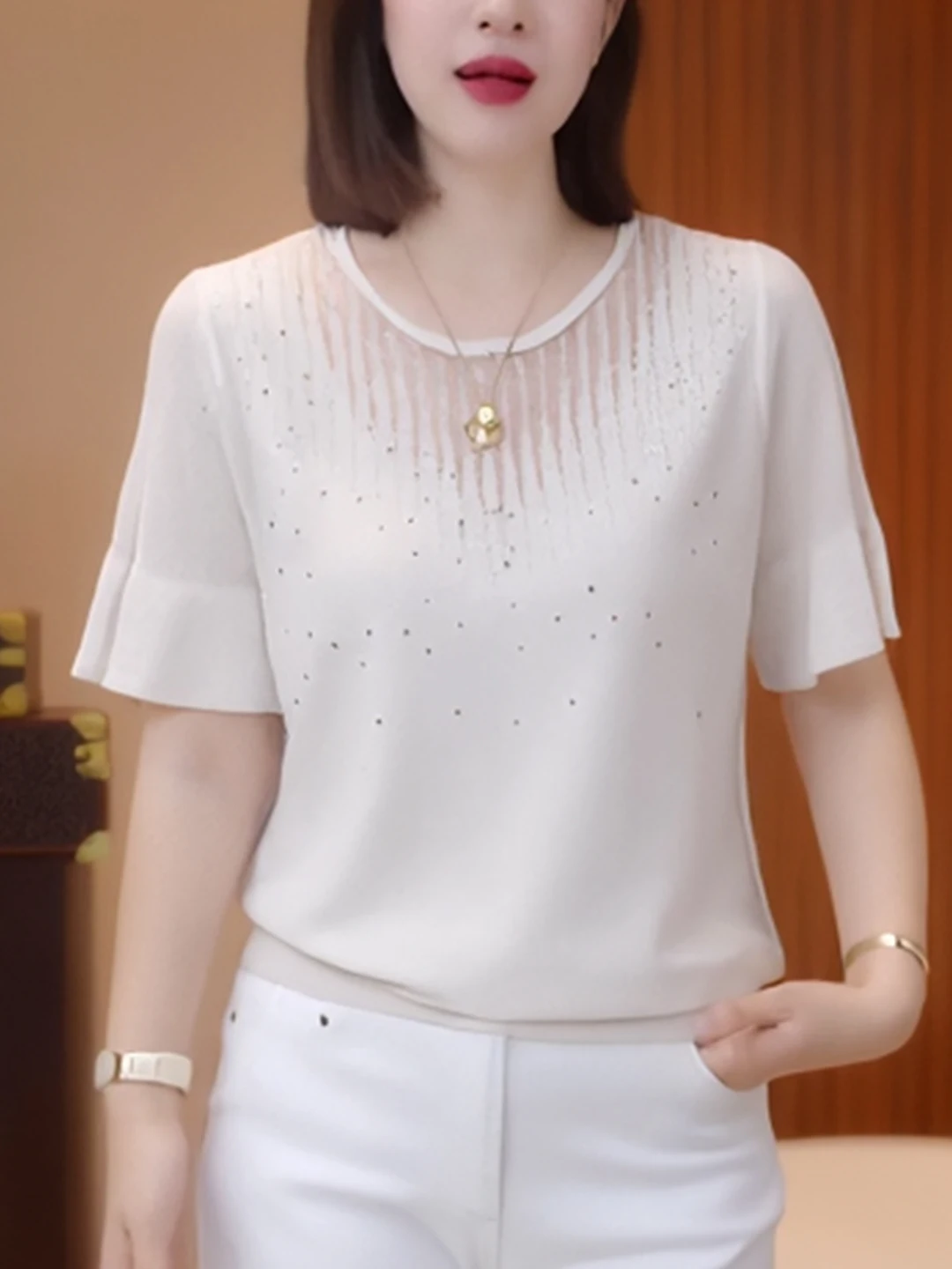 

Ele Unique Faionable Heavyweight round Ne Knitwear ort Sve T-irt Women's Top for Summer Commute Korean Sle L...