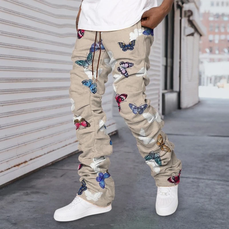 High Street Mens Casual Straight Pants 2022 Fashion Mid Waist Button Trouser Autumn Vintage Butterfly Print Men Long Pant New