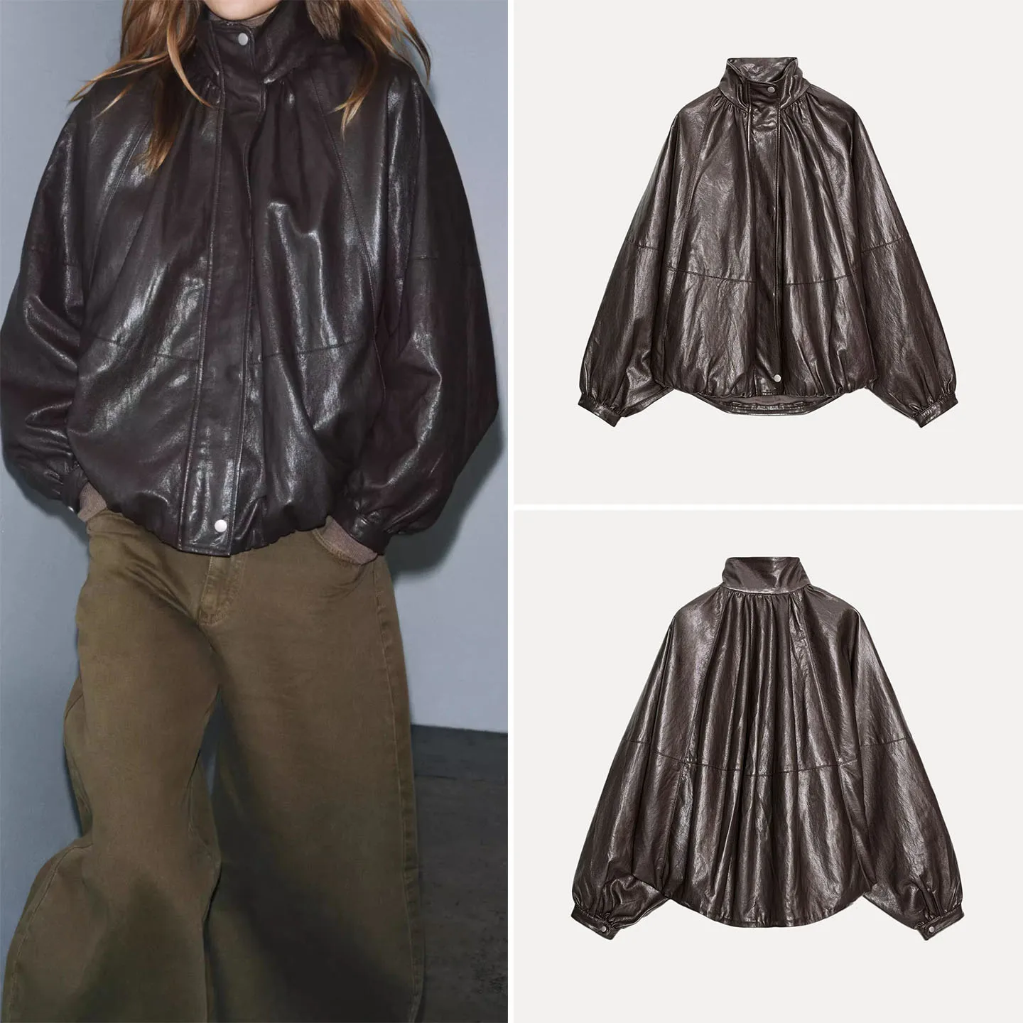 

Leather Effect Pilot Jaet Women's Outerwear Fall 2025 New Sle Z Stand Fit Long Sve Zipper Closure Stand Collar