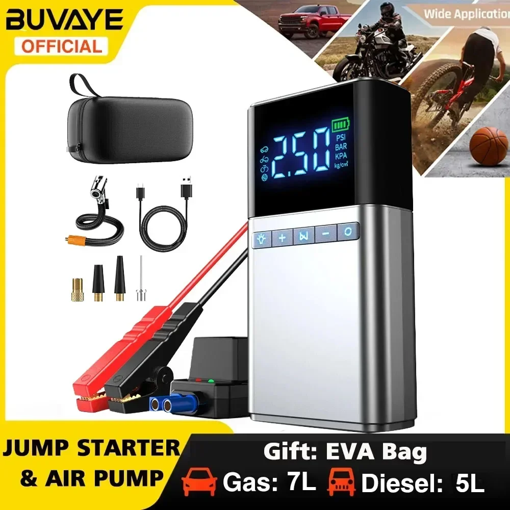 

BUVAYE Car Jump Starter with Air Pump 4 in 1 Power Bank Air Compressor Cars Battery Starters Auto Tyre Inflator with EVA Bag