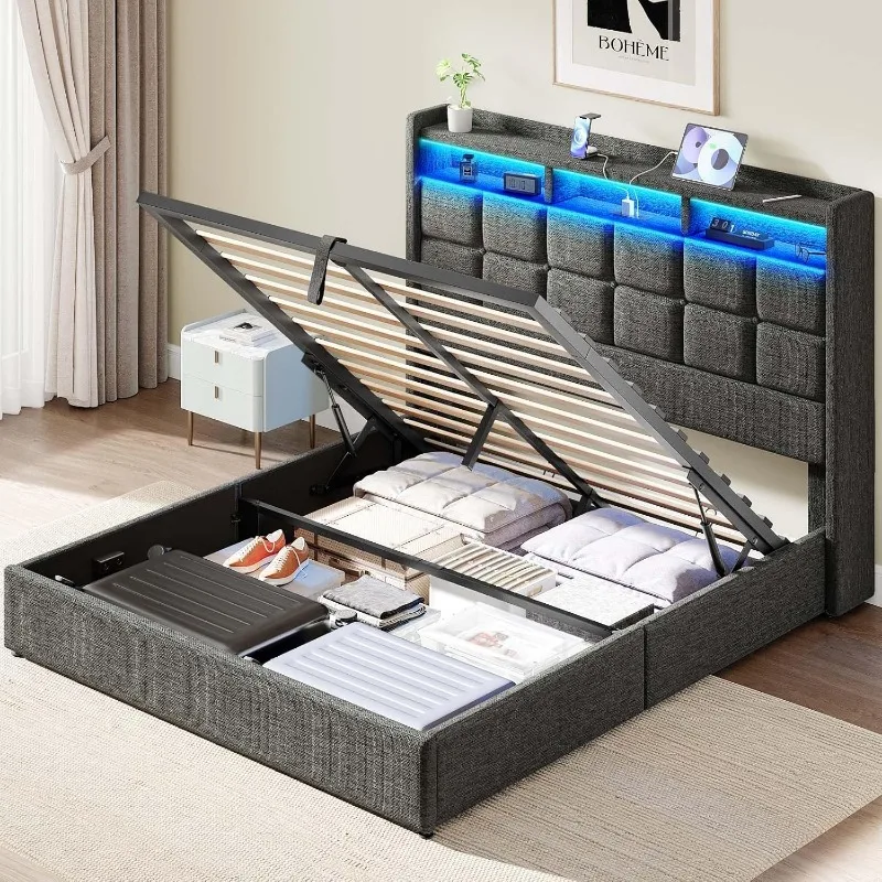 Lift Up Size Bed Frame with Storage, Upholstered Full Bed Frame with LED Lights Headboard and Charging Station, No Box Spring