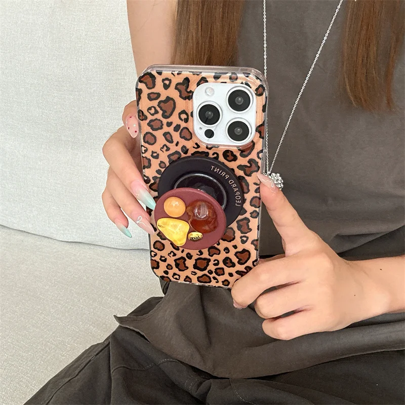 

Luxury Leopard Print Magnetic Phone Case For iPhone 16 Pro 15 14 13 Pro Max Cover with Magsafe Stand Holder Shockproof Cases 16