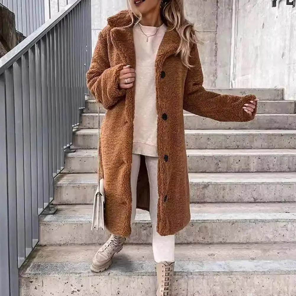 

Women Thick Coat Cozy Winter Women's Fleece Jacket with Turn-down Collar Button-down Closure Mid Length Stylish Heat Retention