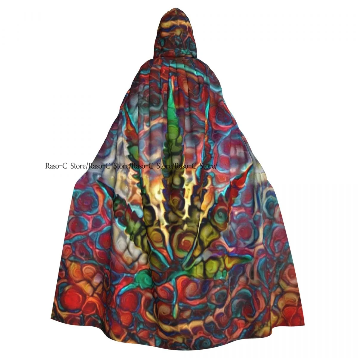 Adult Cloak Cape Hooded Psychedelic Leaf Background Medieval Costume Witch Wicca Vampire Elf Purim Carnival Party