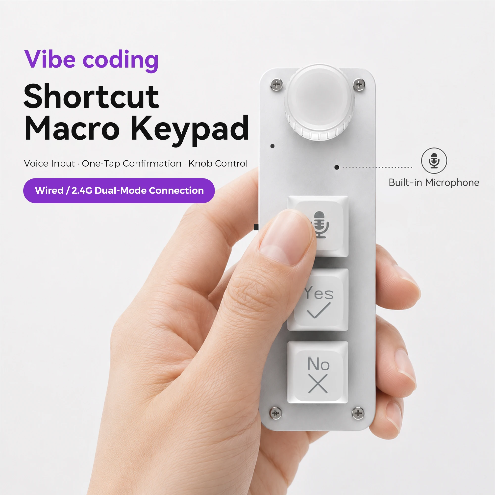 Vibe Coding Macro Keypad 3-Key Mini Keyboard with Knob Built-in Mic Voice Input Wired 2.4G Wireless