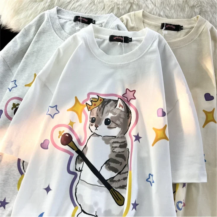 Camiseta con estampado de gato divertido, camiseta Harajuku, ropa informal Neutral, camisetas femeninas Kanji japonesas, camisetas bonitas, pantalón