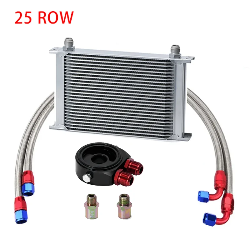 AN10 Universal 25 Rows Oil Cooler Kit + Oil Filter Sandwich Adapter + 1 And 1.2 Meter Stainless Steel Braided AN10 Hose Fittings