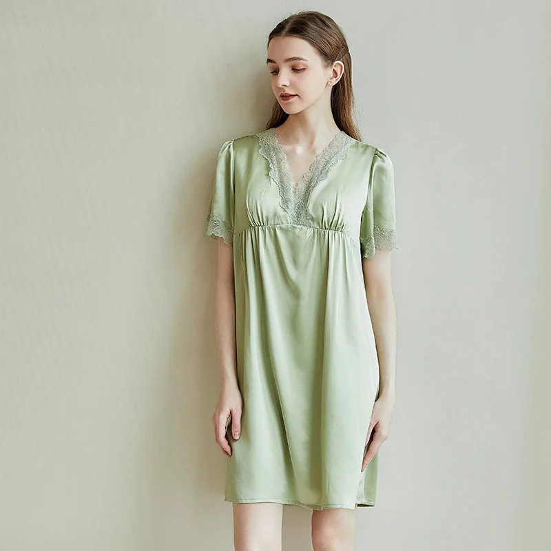 New Heavy Silk Nightdress Spring Summer with Pads 100% Mulberry Silk Pajamas Sweet Loungewear Women S5917
