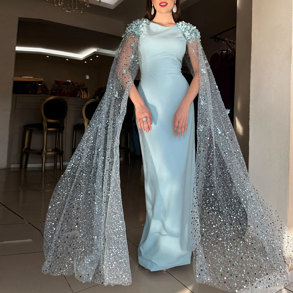 Customized Bodycon Evening Dresses with Cape Sleeve Flower Detail Shoulder Formal Prom Gown Back Split Satin Vestidos de fiesta