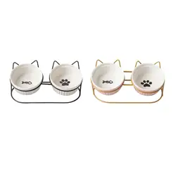 Ceramic Double Cat Dog Bowl Separable Raised Cat Dish with Iron Holder Shelf Non