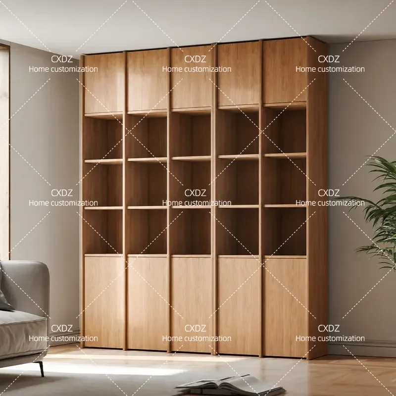 Solid Wood Bookcase Floor to Ceiling Wall Mounted Storage Cabinet Log Color Open Shelf Unit for Study Room Home Office
