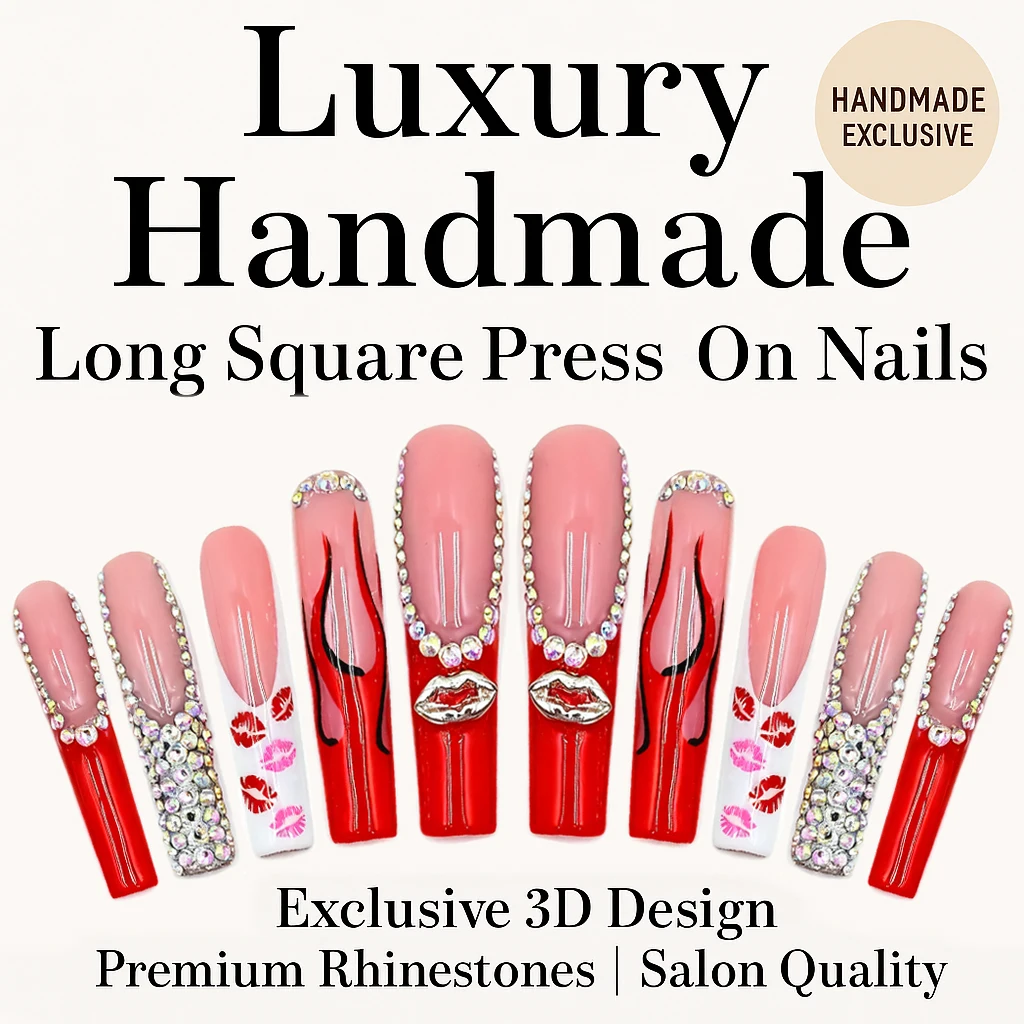 

Handmade Luxury Long Square Press On Nails, Artisan Exclusive Design with 3D Lip Details & Dazzling Rhinestones, High-Gloss Fini