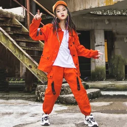 Boys Street Dance Jacket Orange Cargo Pants Girls Hip Hop Shirt Clothes Sets Children Joggers Kids Streetwear Jazz Coat Costumes