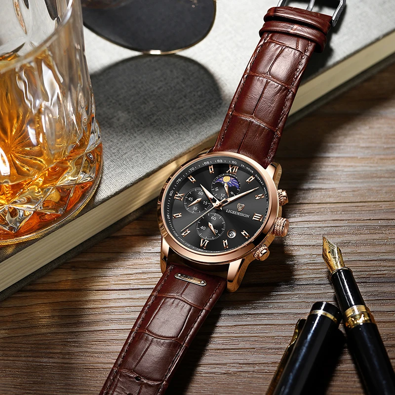 LIGE Brand Luxury Classic Leather Men\'s Watch Quartz Watch Date Chronograph Simple Daily Wear Watch for Men relogios masculino