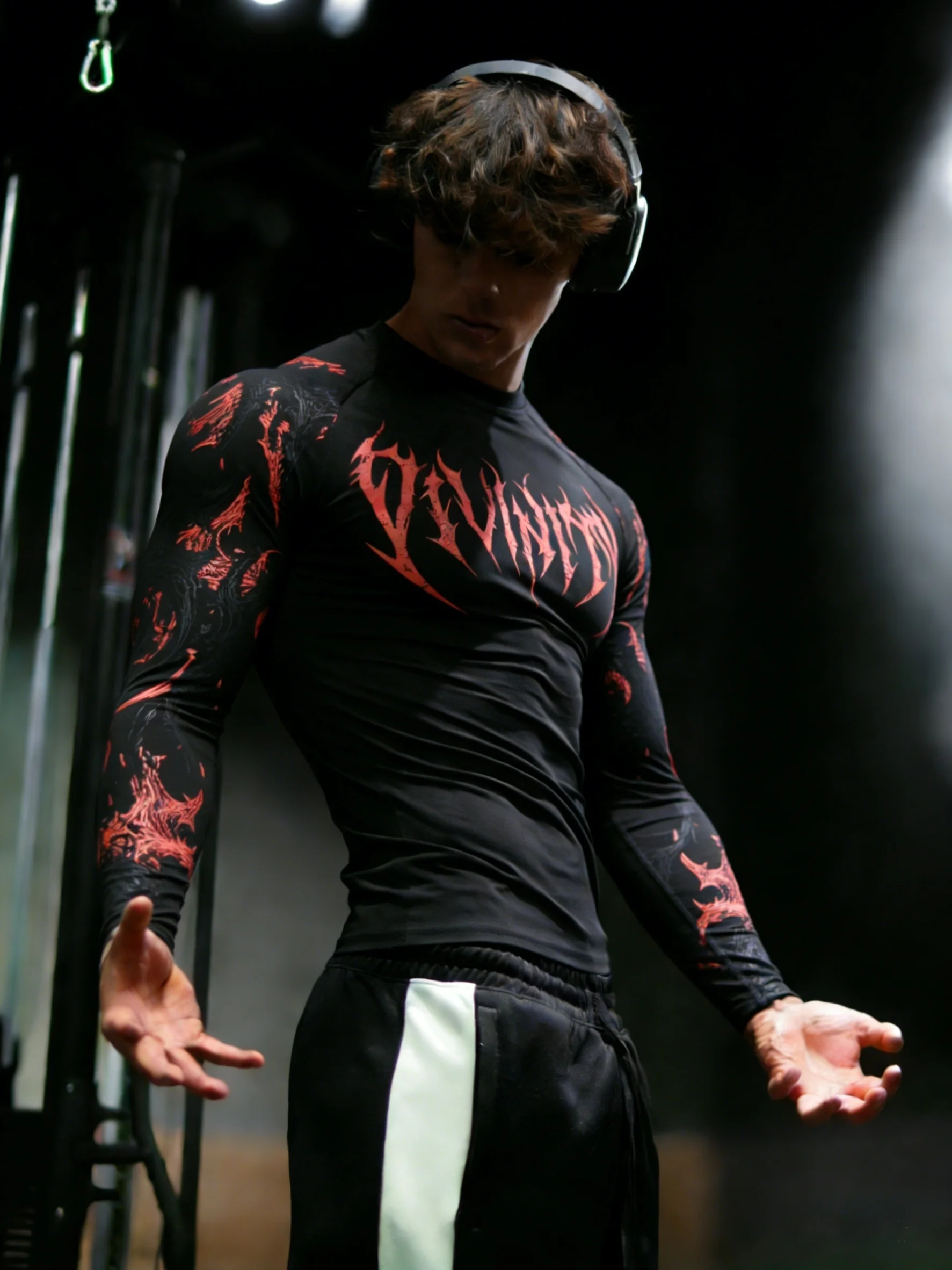 Men's Quick Drying High Elasticity Slim Fit Long Sleeved T-shirt Gothic Sports Shirt Gym Training Spring And Autumn Sports Top