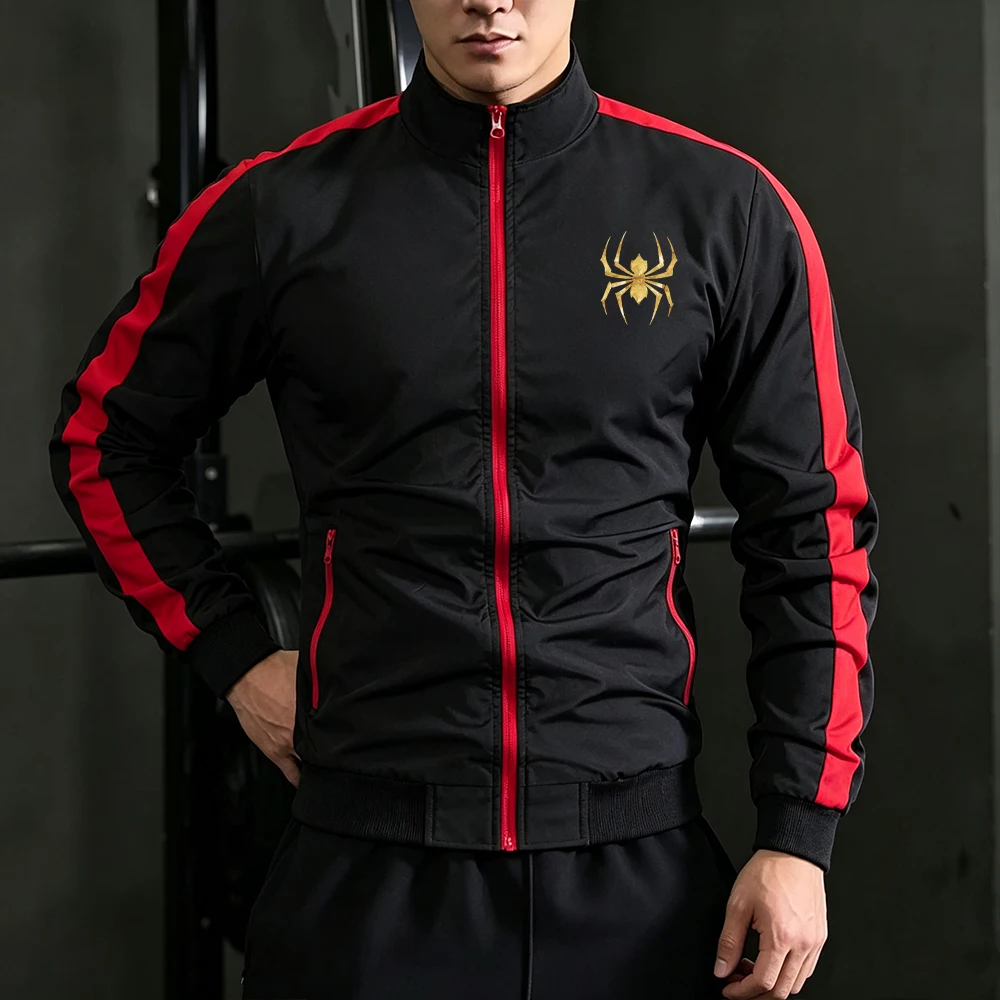 Mens Stand Collar Track Jacket Red Side Striped Full Zip Up Coat Casual Workout Daily Gold Spider Print Running Sport Tops