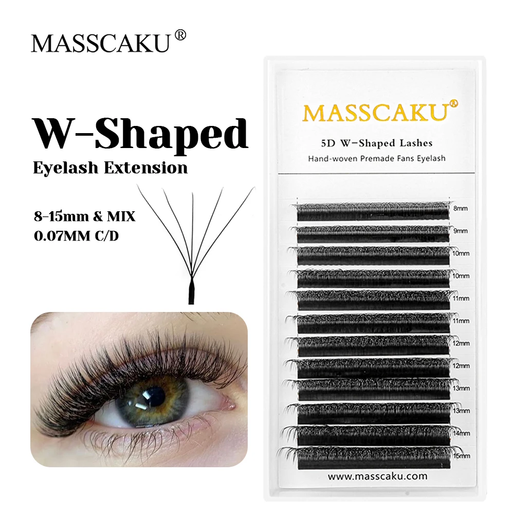 

New Style MASSCAKU 0.07mm Thickness Natural Looks W Shaped Premade Fans Lashes Individual Matte Black Faux Mink W Style Eyelash