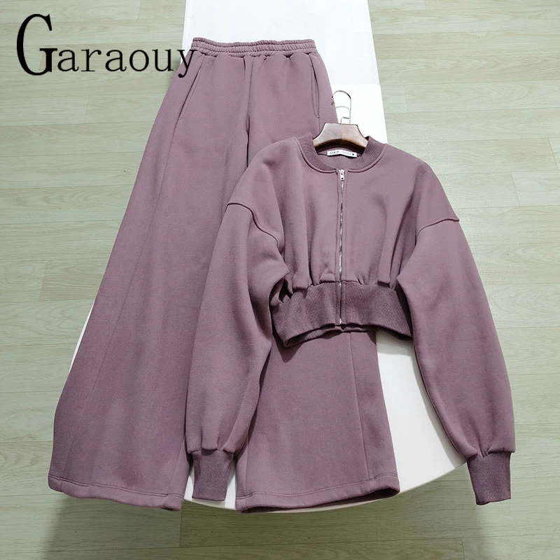 Garaouy Women Embroidery O Neck Long Sleeve Zip Short Cardigan Sweatshirt Jacket+Elastic High Waist Sweatpants Wide Leg Trousers