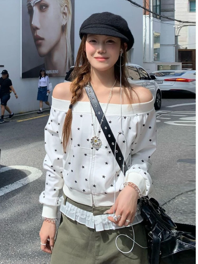 

Women's Star Print Off-Shoulder Cropped Top - Long Sleeve Zip-Up Slim Fit Blouse, Korean Sweet Edgy Casual Spring Autumn Y2K emo