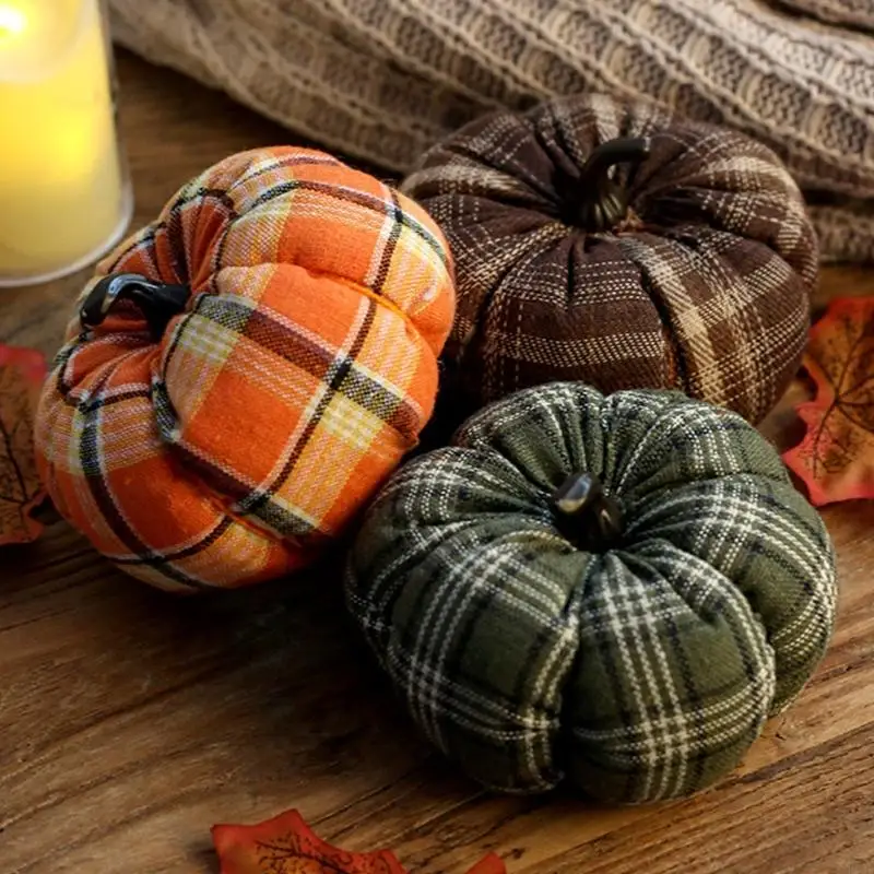 Checkered Fabric Pumpkin Decoration with Stem, Farmhouse Centerpieces Display for Home Tabletop and Retail Fall Seasonal B03E