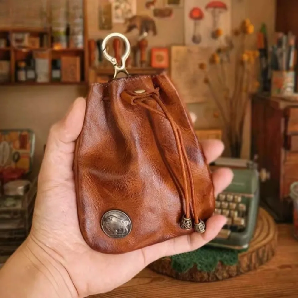 Retro PU Leather Bag Coin Purse Drawstring Key Wallets Fashion Women Men Housekeeper Card Key Holders Mini Nostalgic Bag