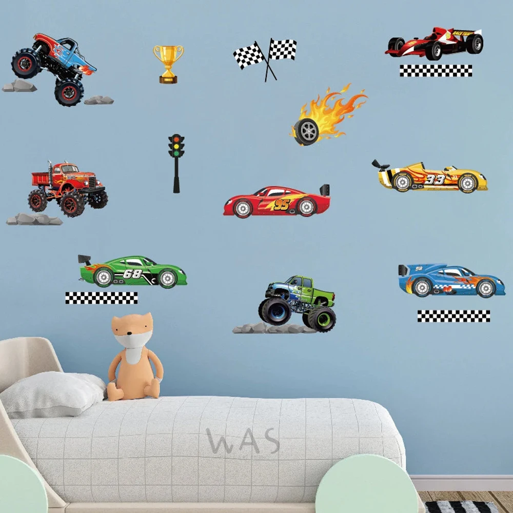 Racing Cars Monster Trucks Vehicles Wall Stickers Traffic Lights Race Flags Wall Decals Boys Bedroom Toddles Playroom Wall Decor