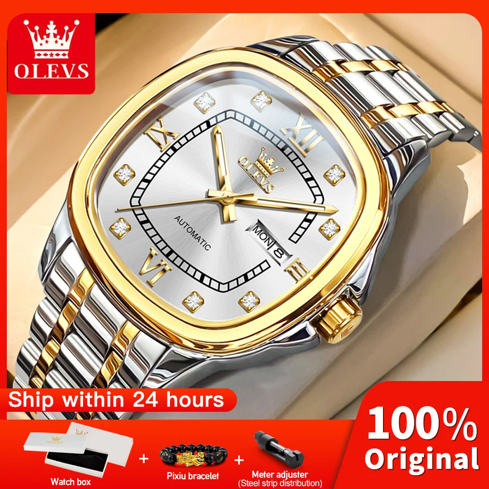 OLEVS 9810 Mens Watch Luxury Original Brand Automatic Mechanical Watch Waterproof Ladies Watch Day-Date Square Watch With Box
