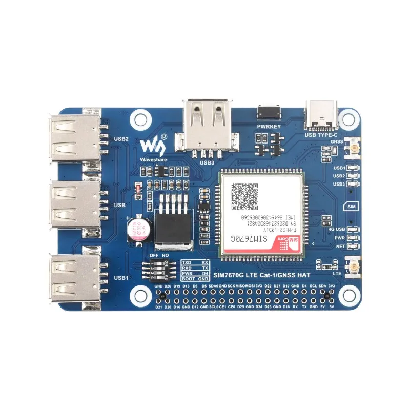 قبعة Cat-1/GNSS لـ Raspberry Pi ، وحدة SIM7670G ، عالمية متعددة الموجات LTE ، دعم 4G ، تحديد المواقع GNSS ، 3x USB